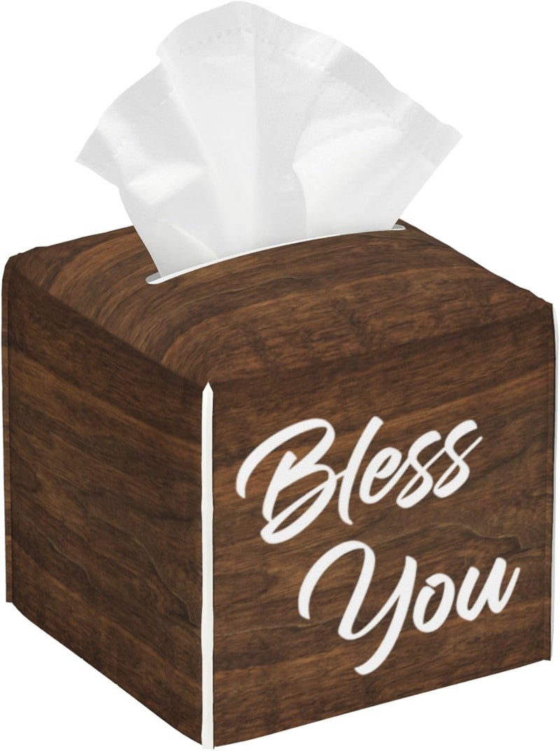 sndheke Bless You Tissue Box Cover Square,Wooden Board Texture Tissue Box Holder Waterproof Leather Facial Paper Organizer Dispenser for Bathroom Home Car Nightstand Vanity Desk - Image 1